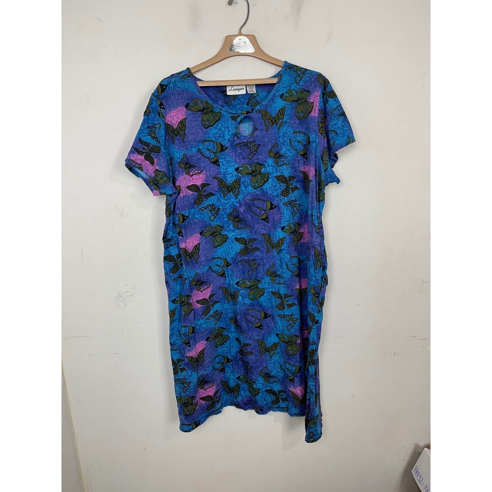 Loungees Womens 2X Blue Butterfly Print Cotton House Dress Lounger Pockets